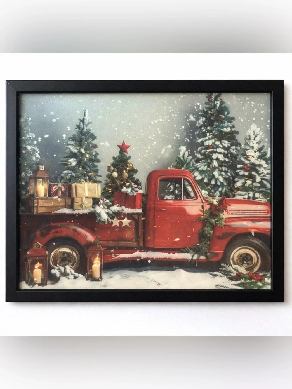 Winter Christmas Tree Red Truck Vintage Style Art Painting Print 8x10